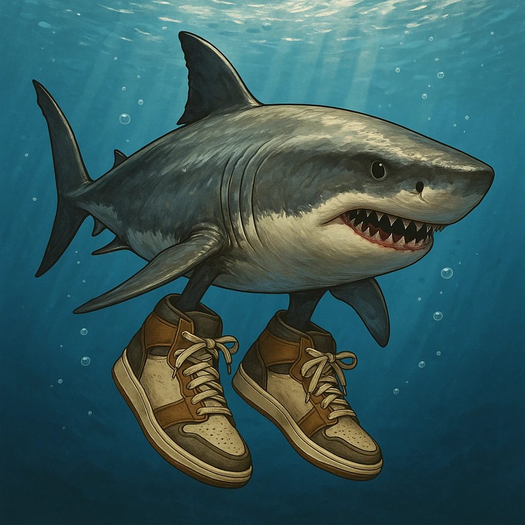 realistic shark wearing shoes, detailed digital illustration style emoji