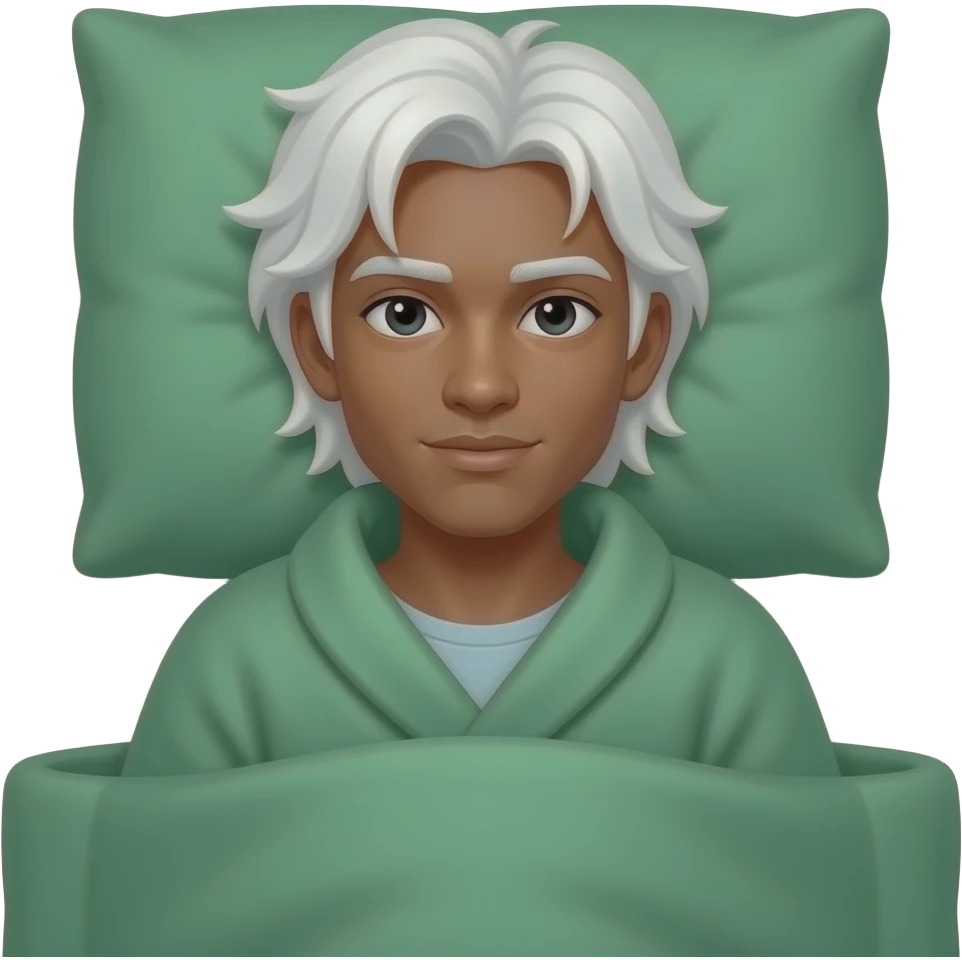Darker toned, clean-shaven young man with long white hair covered in like green duvet in bed emoji
