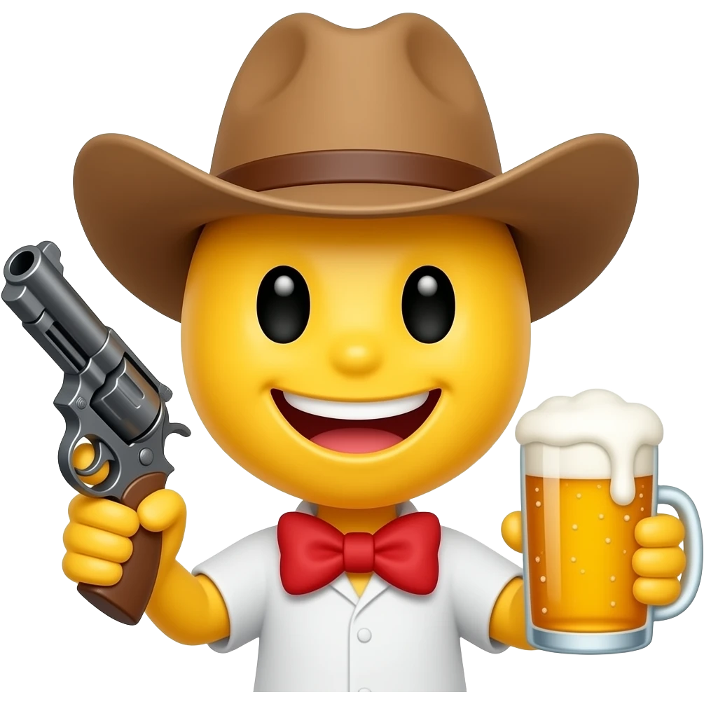 Round yellow emoji that looks more like the iMessage emojis with a cowboy hat holding a gun and beer emoji