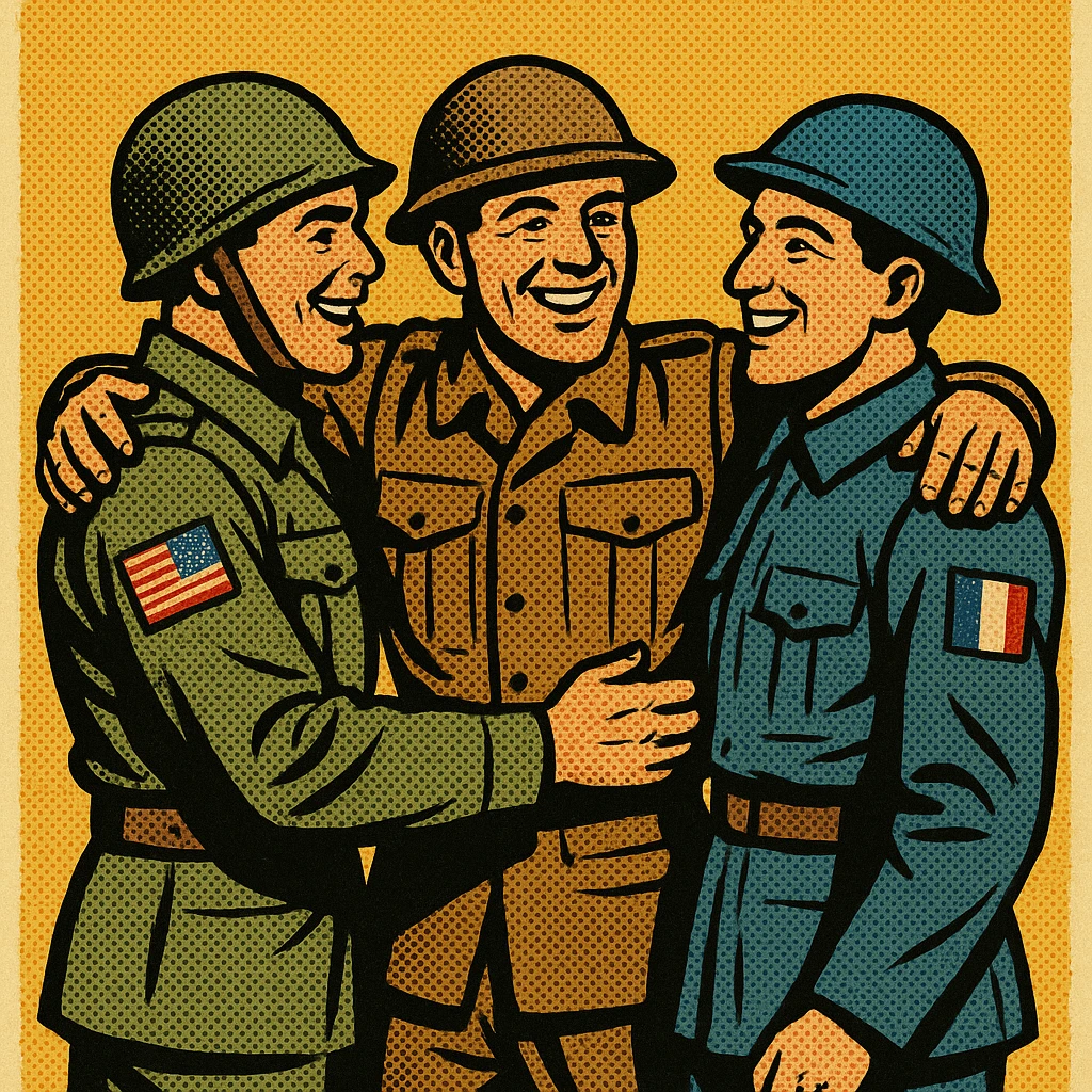 A full body 1940s American soldier with the US flag on his arm with his arms around a 1940s British soldier and a 1940s French soldier. They are all happy. emoji