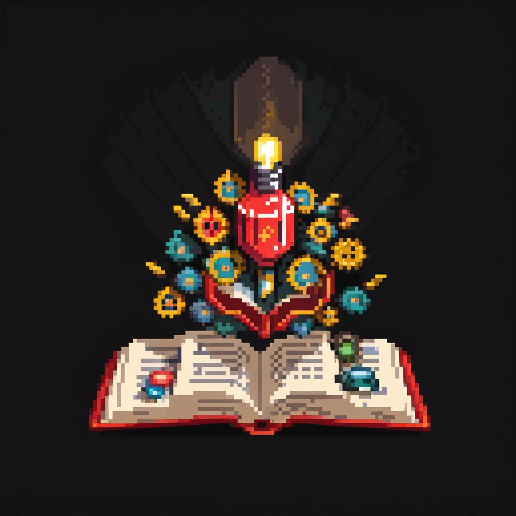 pixel art style, a red book opened with ideas (lightbulbs, gears) and money (coins, bills) coming out, under a spotlight emoji