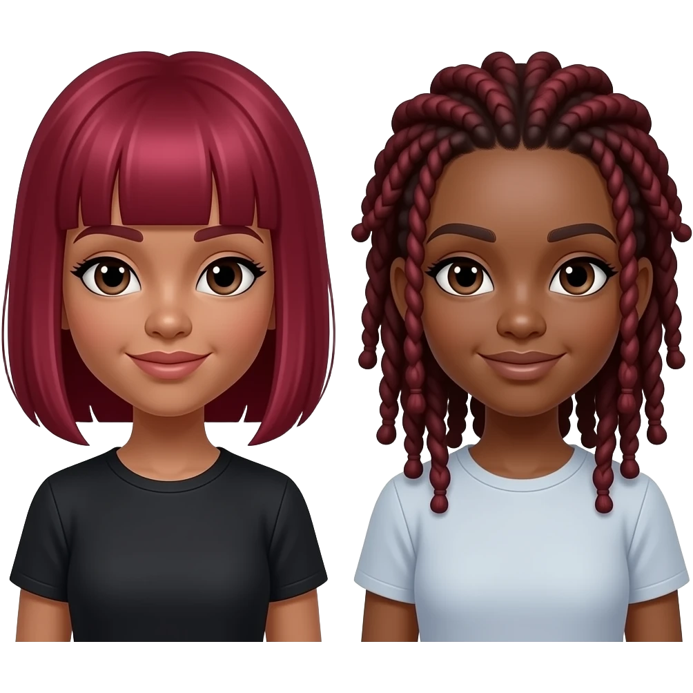 Deux filles noire avec des cheveux rouges bordeaux, l’une qui a les cheveux rouges bordeaux lisse et l’autre qui a des dread locks rouge bordeaux emoji