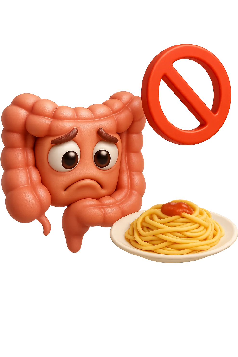 EMOJI STILE IPHONE DI un intestino umano anatomico triste mentre guarda un piatto di pasta con divieto 3d sopra: non la può mangiare, fagli anche la parte bianca degli occhi, non solo le pupille, REALISTICo 4K emoji