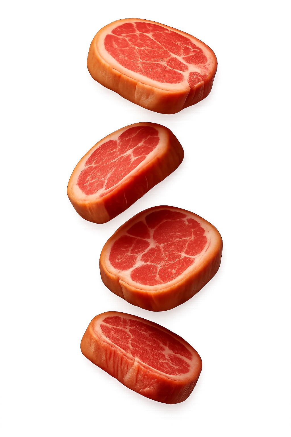 emoji stile iphone in 3d di fette di carne che cadono verticalmente dall'alto, iperrealistico 4k emoji