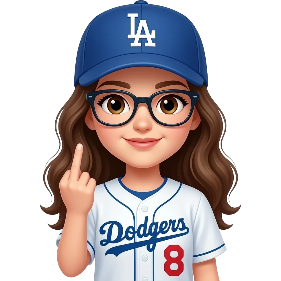 Girl with glasses with brown eyes & long wavy hair wearing dodgers sticking middle finger wearing #8 emoji