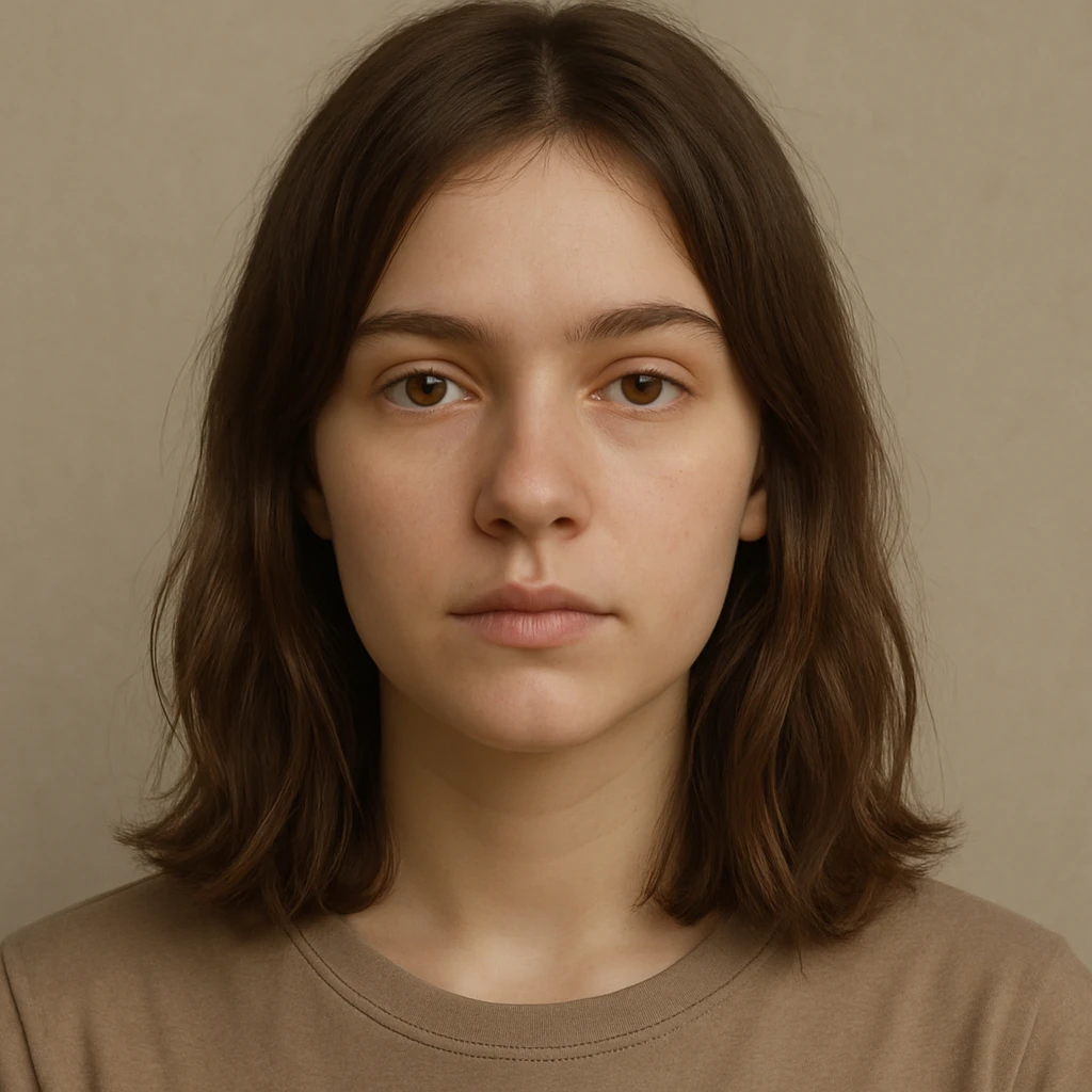 girl with medium length straight wavy hair, neutral expression, simple background emoji