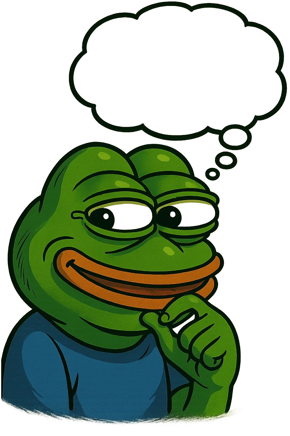 vivid green 3D Pepe the Frog, grinning, with a large thought bubble, glancing to the right, rendered with dramatic lighting and a soft drop shadow emoji