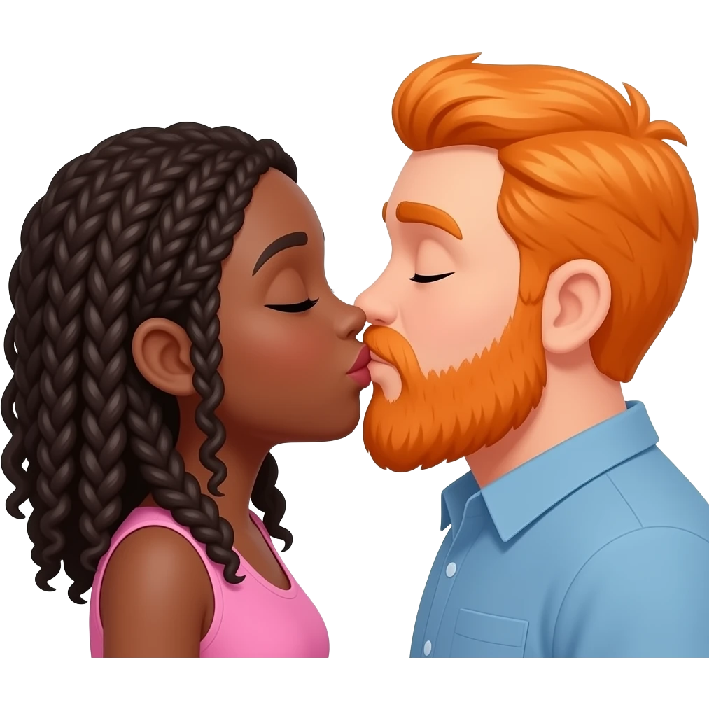 Black girl and orange chubby head guy with beard kissing emoji