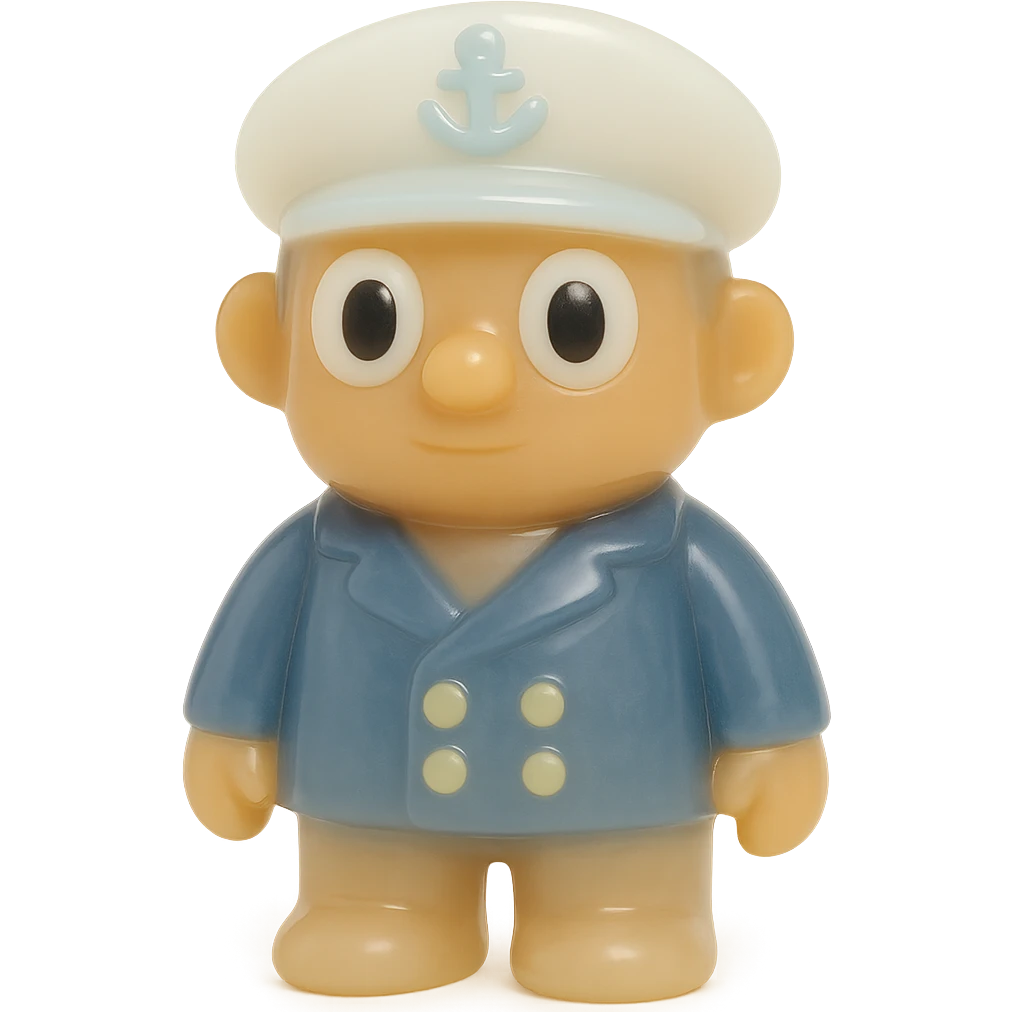 full-body boat captain, retro 90's toy style, very transparent and slightly see-through, natural tan skin, white captain's hat, navy jacket, large white eyeballs with small black pupils, soft plastic texture, soft reflections, soft and squishy, some cloudiness, not shiny, highly detailed, appealing, no tag, no background emoji