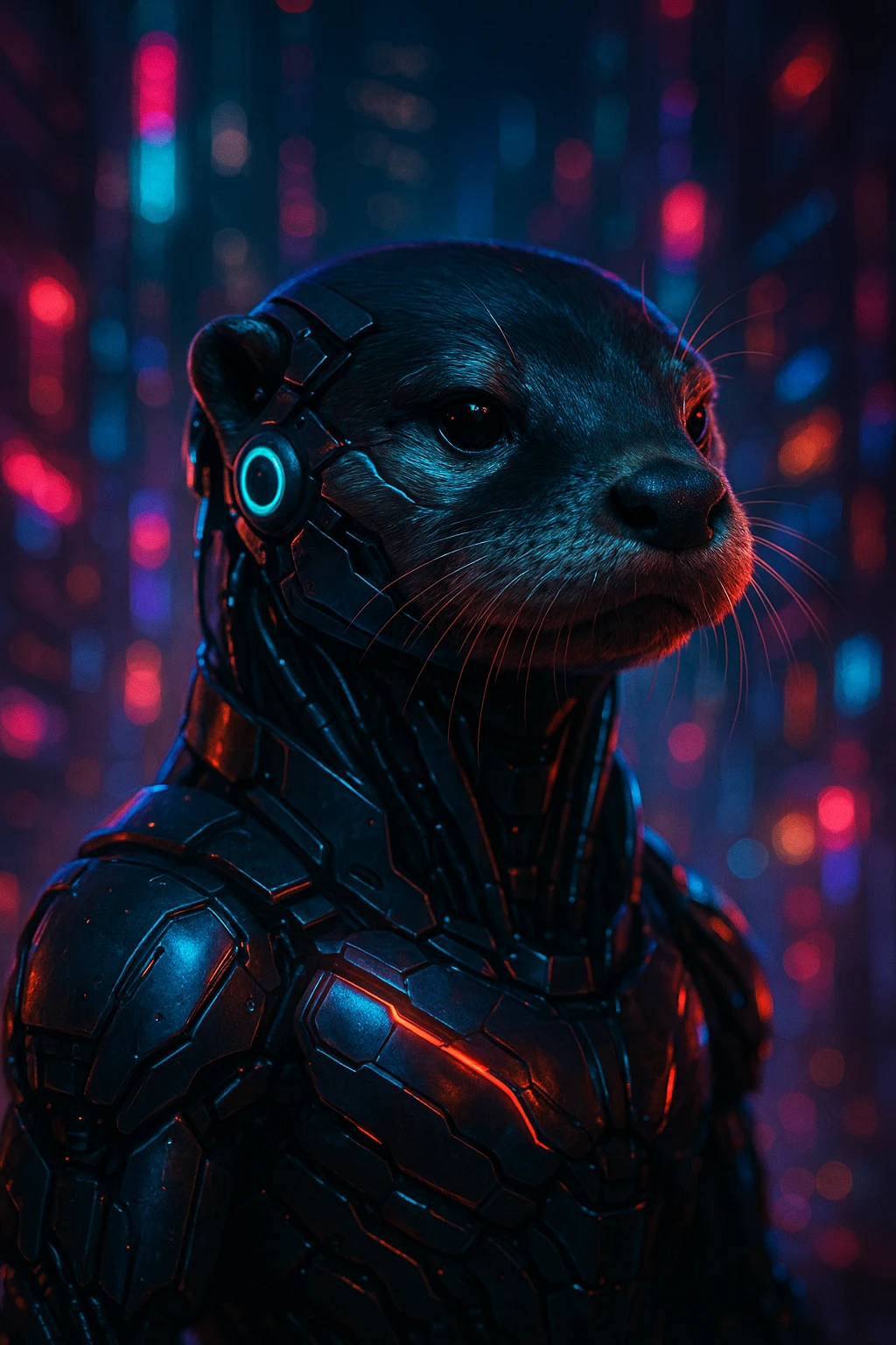 sleek otter portrait, cybernetic enhancements, neon reflections, futuristic cyberpunk style emoji
