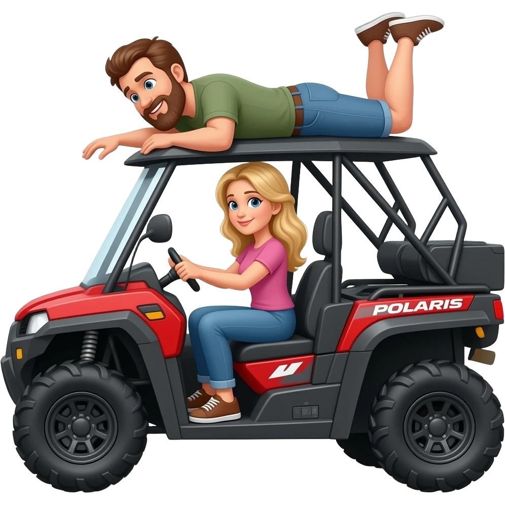 Black 4 door sxs Polaris ranger atv  dad with beard laying on top being silly and blonde long hair mom driving emoji