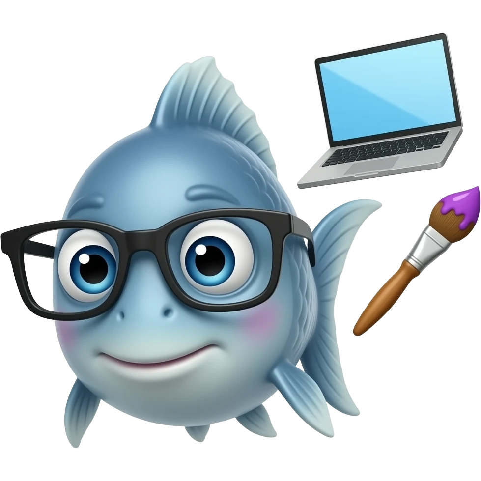 노트북과 붓이 있는 안경쓴 물고기 얼굴 몸은 없고 노트북이랑 붓은 허공에 emoji