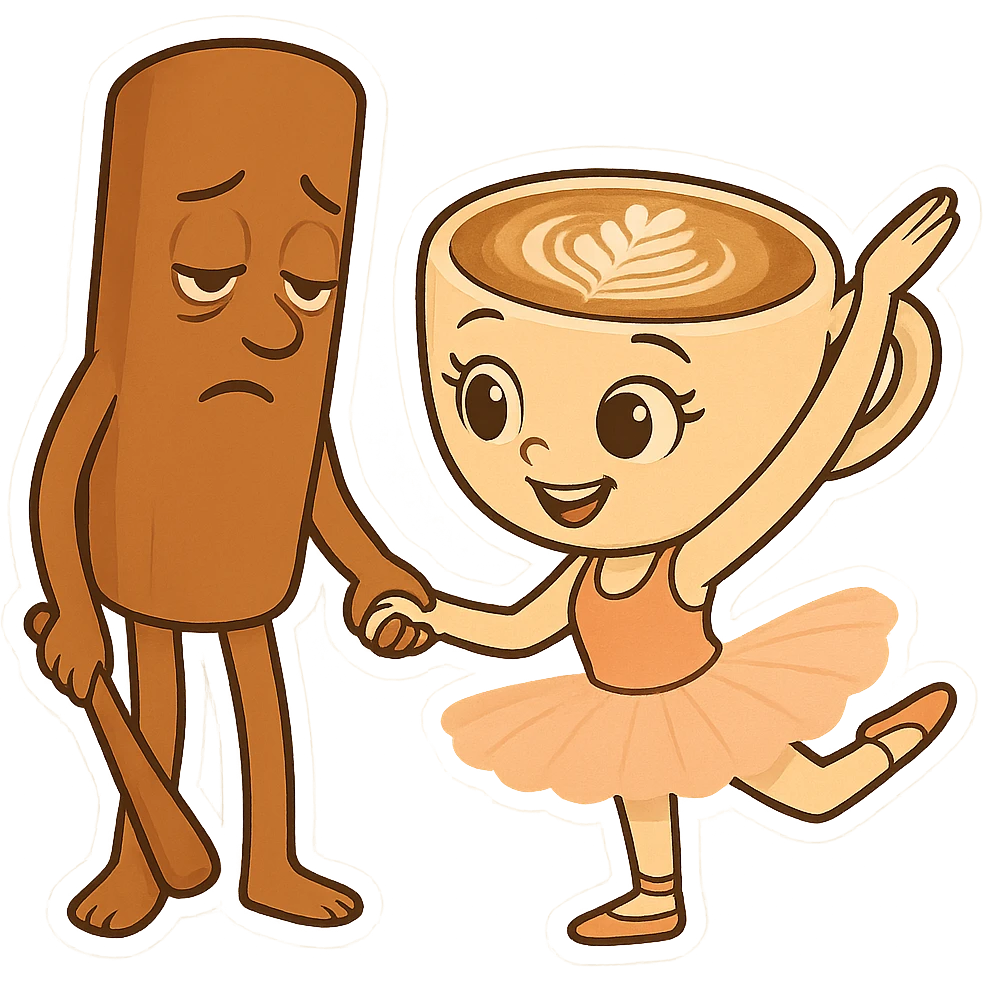 Keep the same quality and chibi stickers style. Edit the characters to have different expressions: make the coffee cup character joyful and the cinnamon stick character looking sleepy. emoji