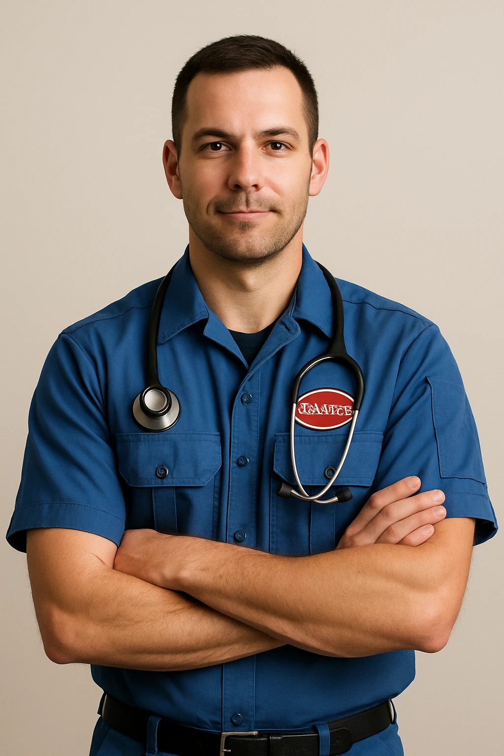 male paramedic in a blue uniform, with a stethoscope, professional, simple background emoji