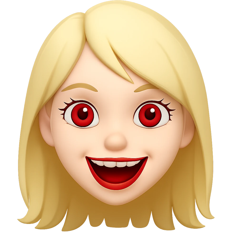 Change hair color to blonde, keep white girl with red eyes, cute but scary face laughing, in emoji style similar to apple style emojis, concise prompt. emoji