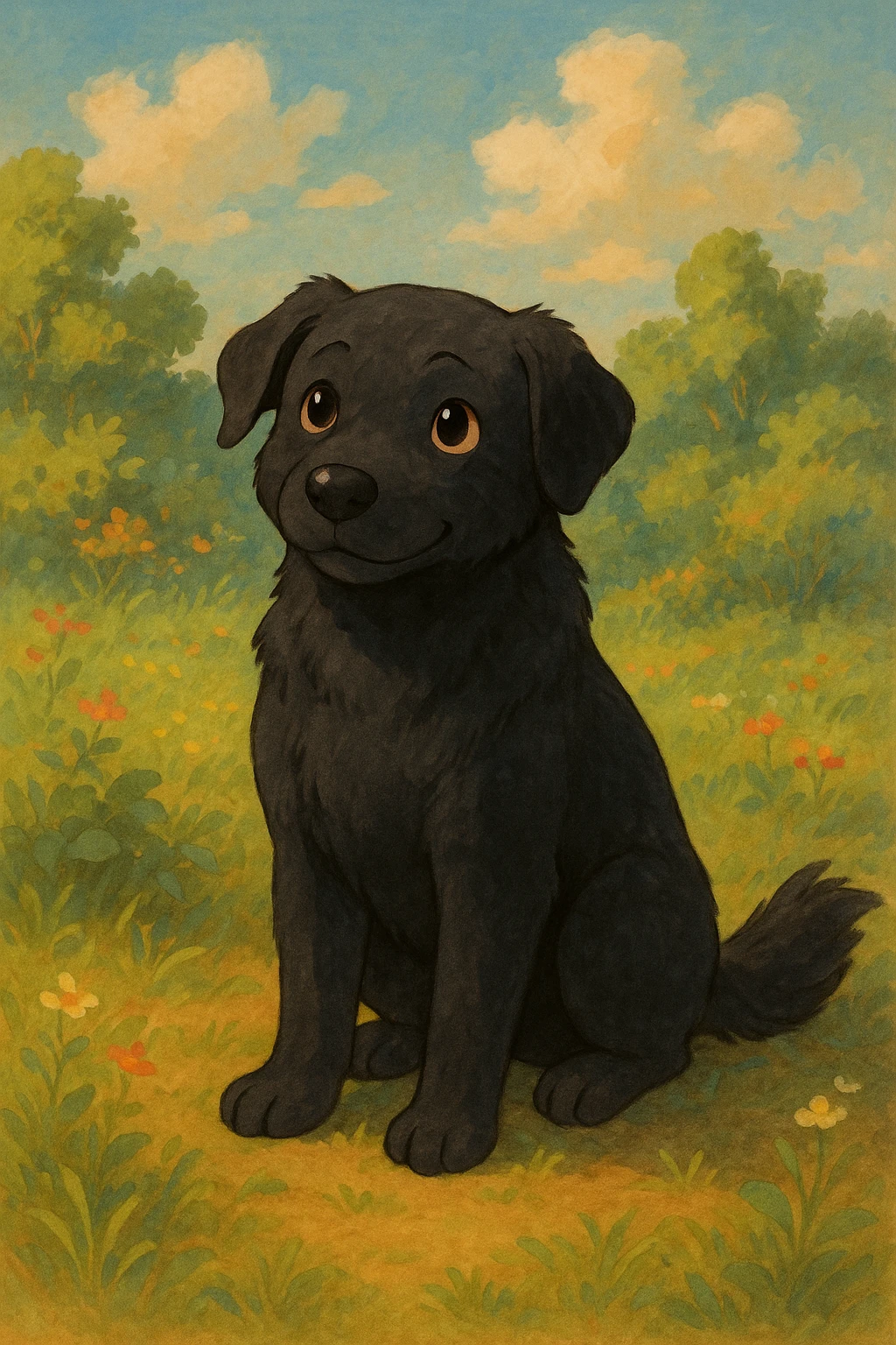 black dog, ghibli style, soft shading, gentle expression emoji