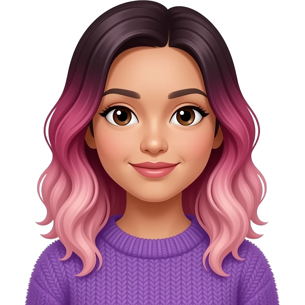 medium skinned vietnamese woman with dark brown medium eyes with slightly wavy ombre hair that is magenta at the top fading to light pink at the bottom, wearing a dusty violet fluffy sweater emoji