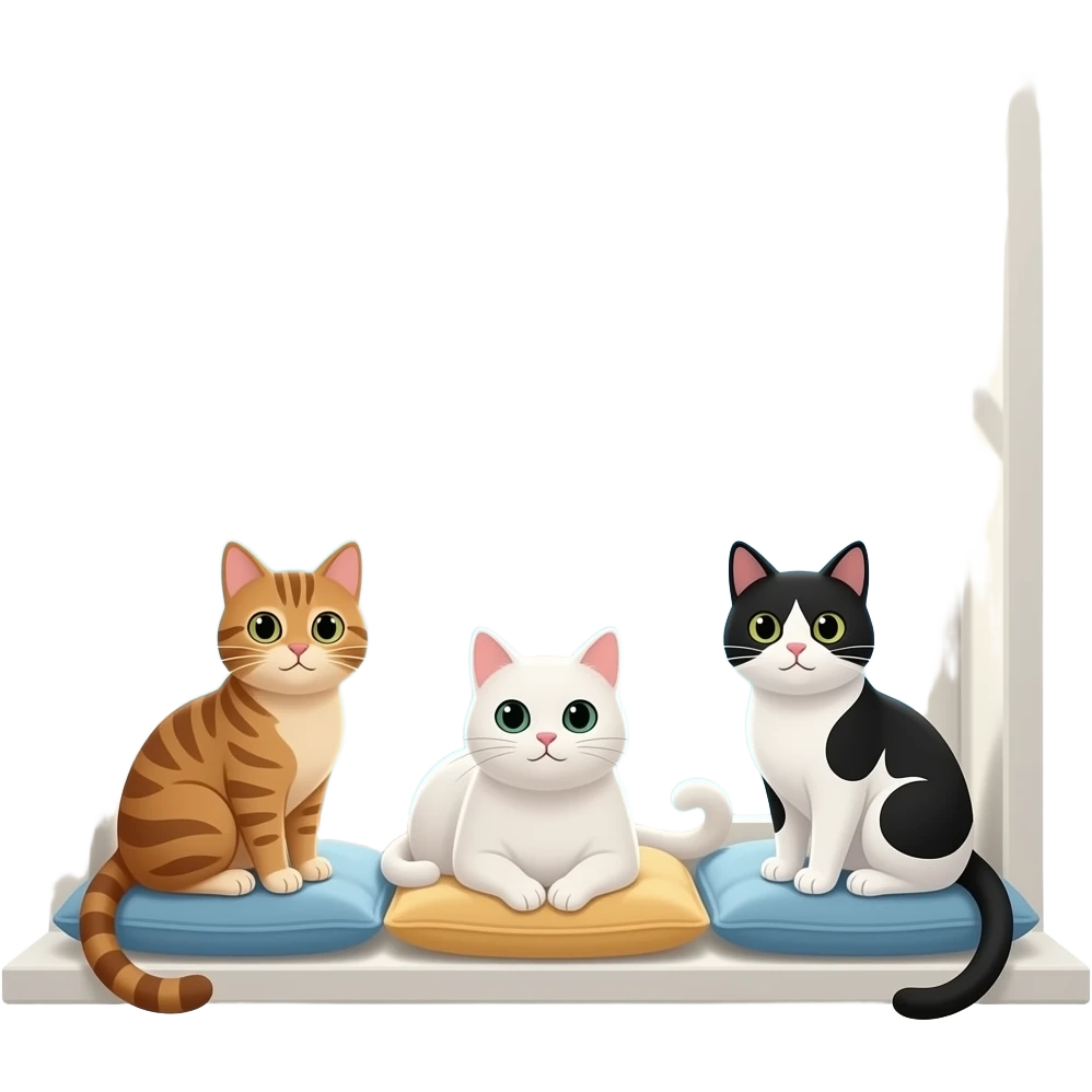 three cats (one brown, one white and other black and white) living a good life emoji