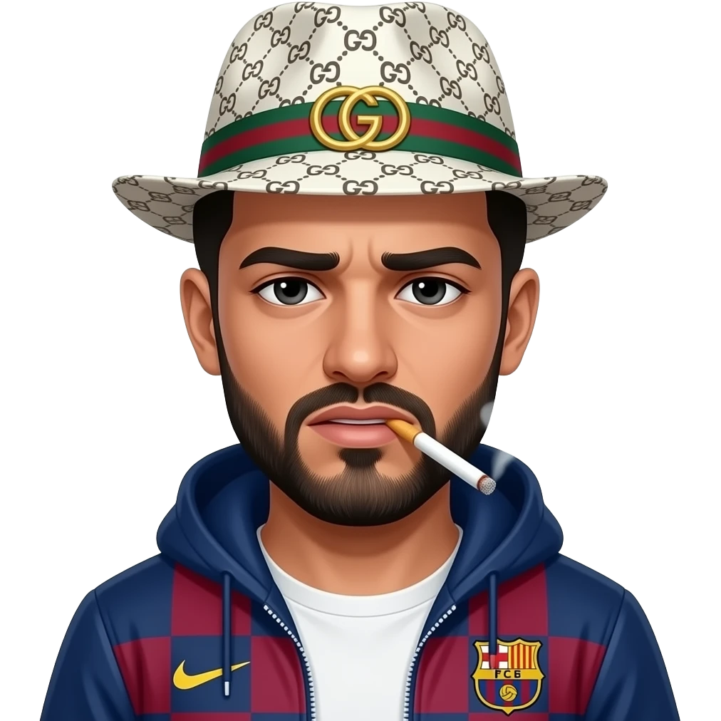 Arabe, avec joint de shit bien entamé dans la bouche, et les yeux noir très très  fatigués, veste Barca, casquette Gucci à motif blanche. Rend le dangereux et menaçant emoji