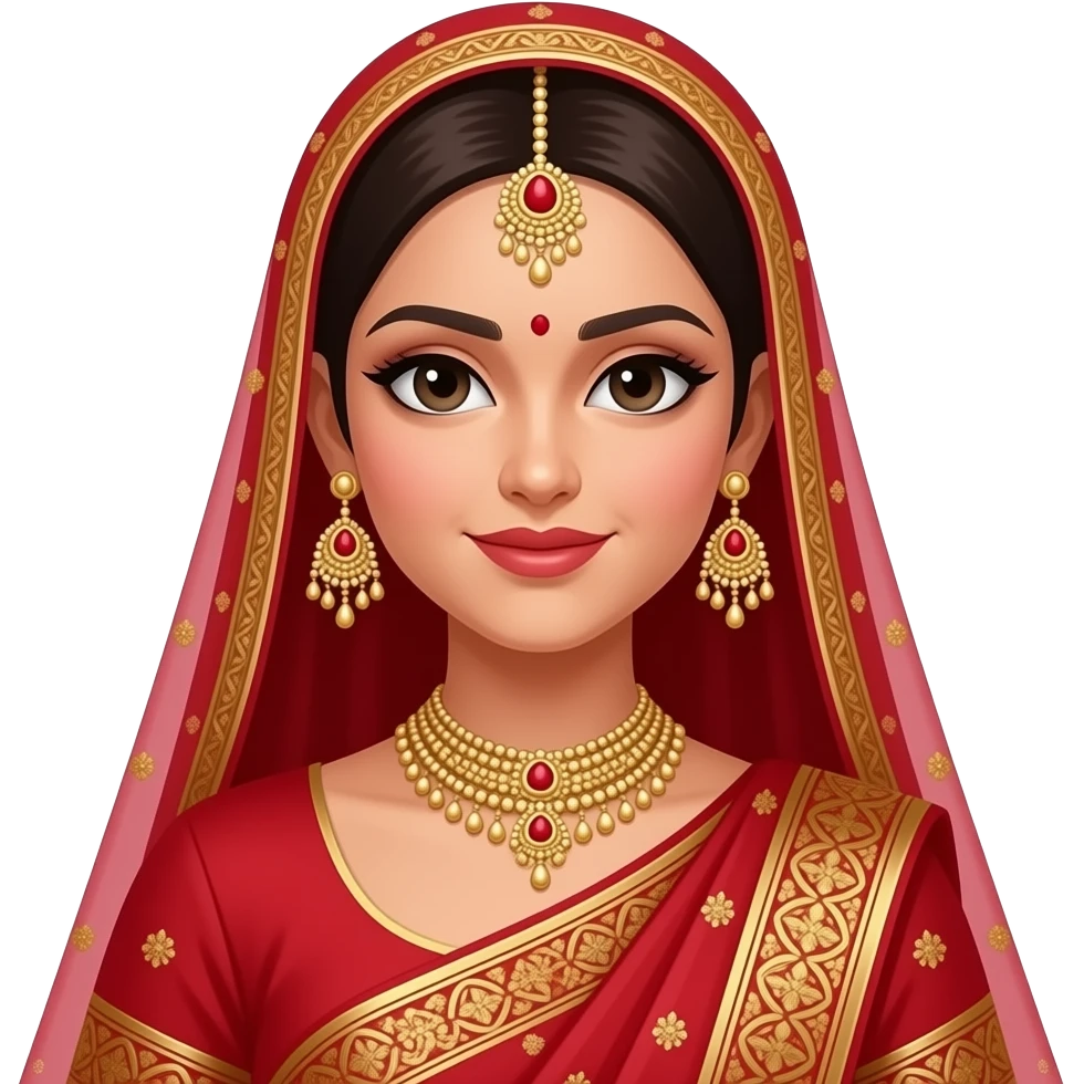 A hijabi south Asian bride in traditional red and gold attire with a red hijab and no skin showing on the neck and just a tikka at the top in terms of head jewellery with the earrings too emoji