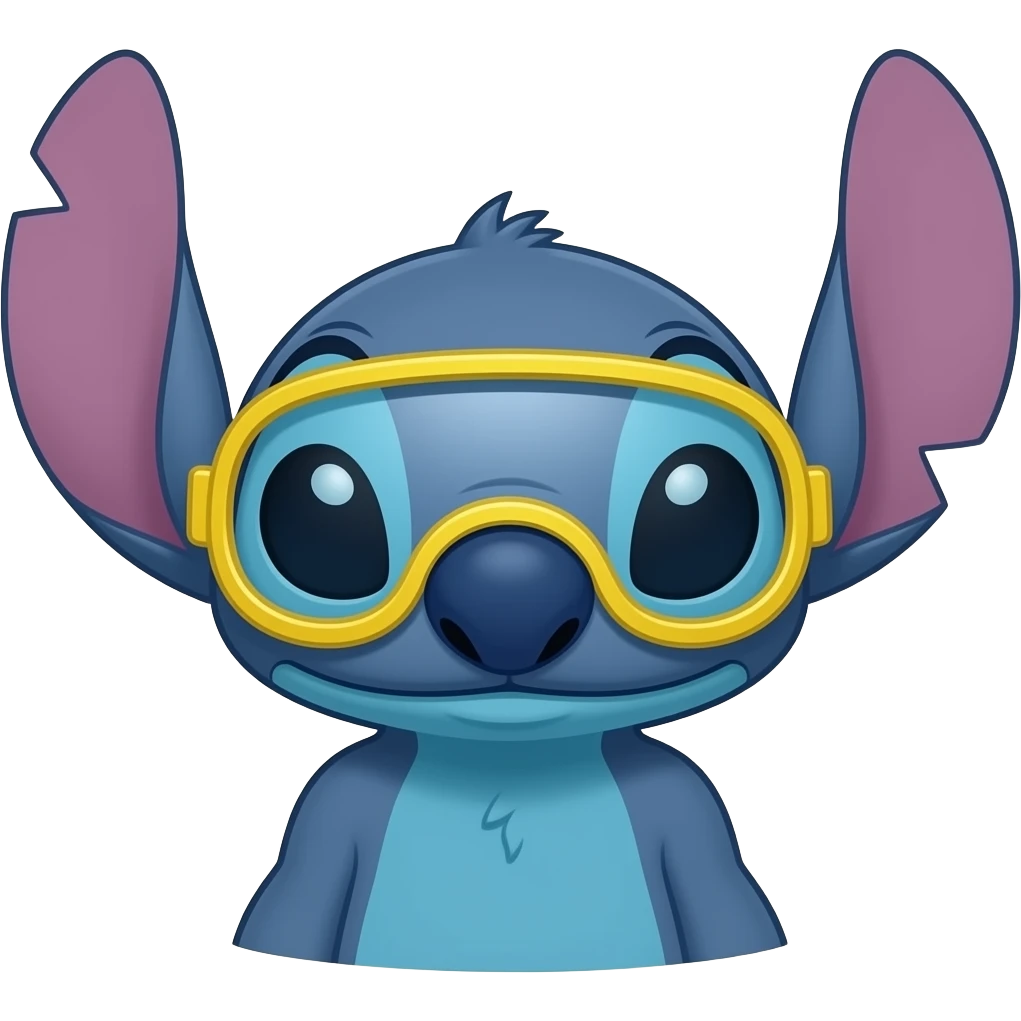 disney stich with  swimming goggles cool make it blue googles yellow bezels also dark yellow emoji