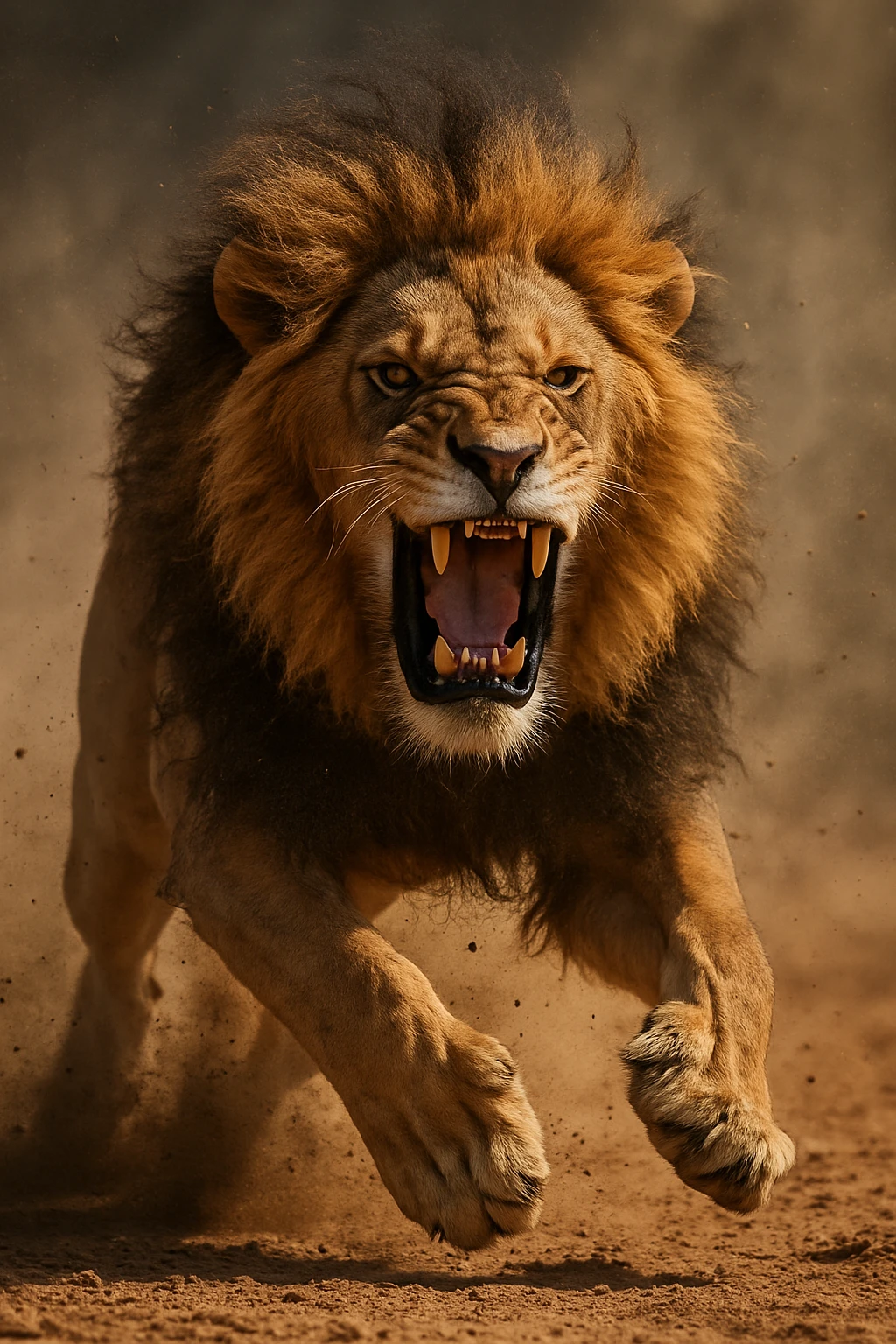 a big, fierce male lion, roaring, realistic, action pose, dust flying emoji