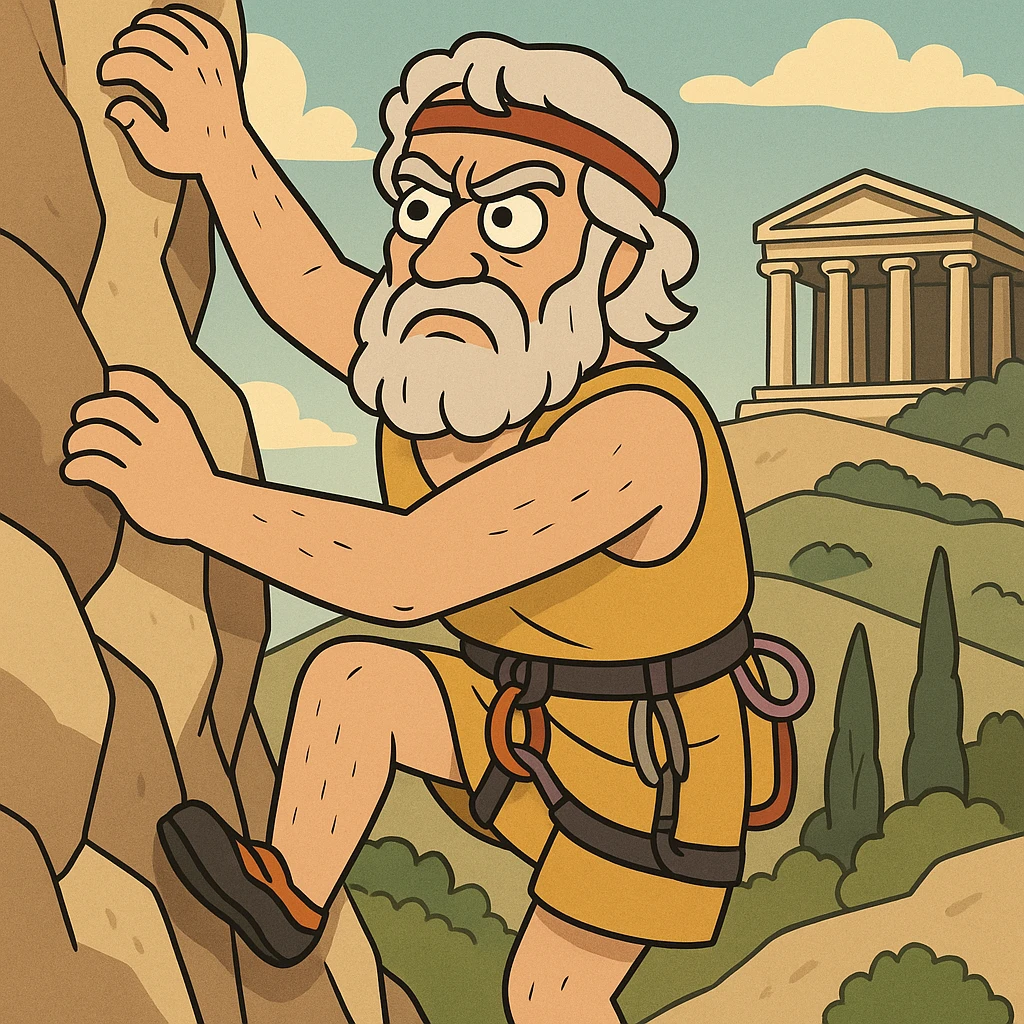 Plato gripping rocks, climbing gear, ancient Greek look, cartoon style emoji