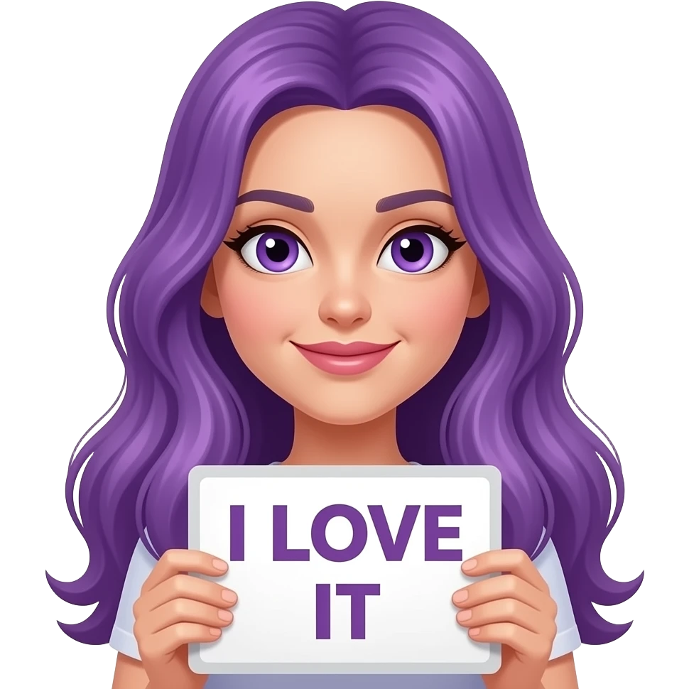 sexy girl with long purple hair and purple eyes holding I LOVE IT sign emoji
