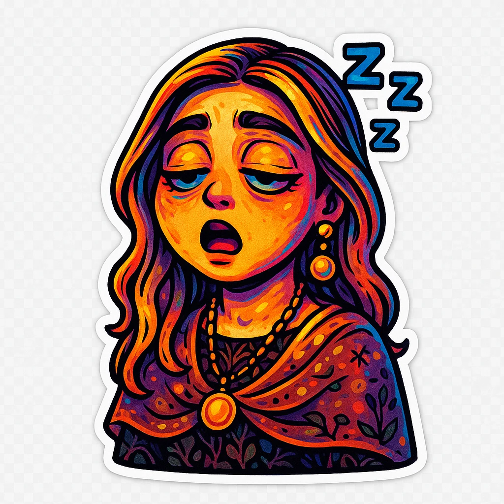 Create a cartoon sticker with a sleepy expression in the style of Flux Pro, with a transparent background. The style should reflect the vibrant and detailed characteristics of Flux Pro style. emoji