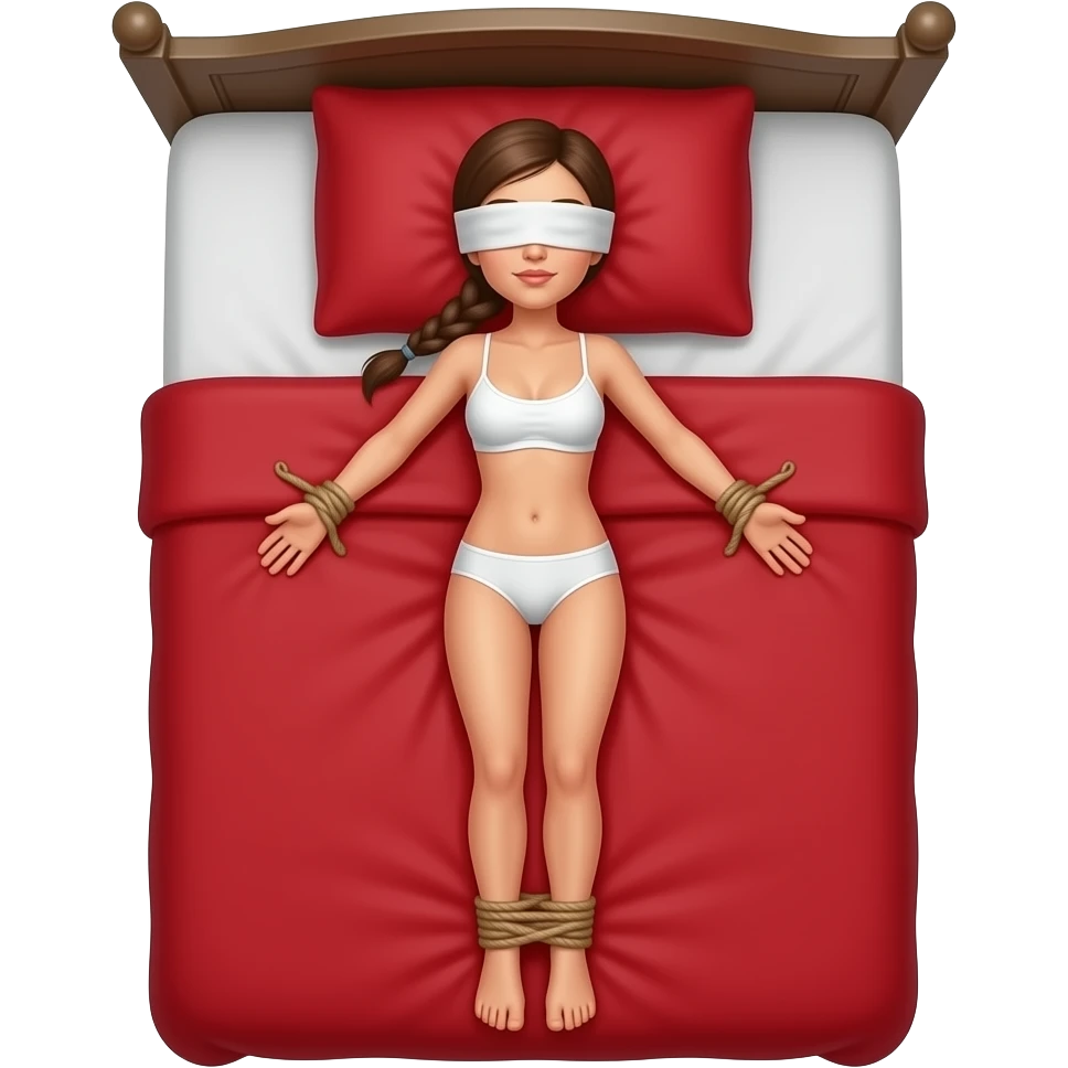 woman in blinfold, in white underwear, braided ponytail, laying down, arms and laegs tied to red bed emoji