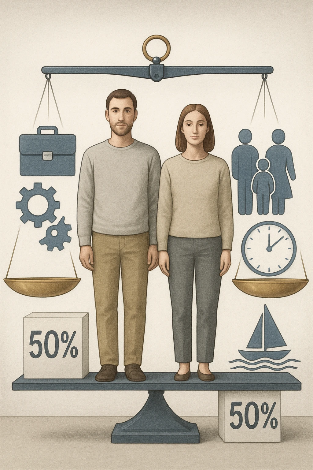 Uomo e donna in piedi l’uno accanto all’altra, al centro di una bilancia perfettamente in equilibrio. Entrambi vestiti in modo simile (moderno e neutro), con espressioni serene e rispettose. Sotto i loro piedi, due blocchi con scritto '50%' ciascuno. Sullo sfondo, elementi divisi simmetricamente: lavoro, famiglia, tempo libero, rappresentati equamente da entrambi. Atmosfera armoniosa, illuminazione equilibrata, colori neutri e simbolici (bianco, grigio, blu e oro). Stile realistico con accento simbolico sul concetto di equità in italiano emoji