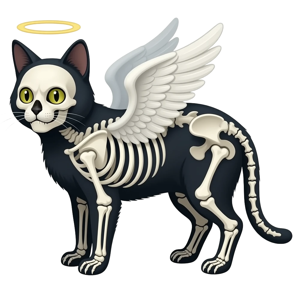 Unhinged cat, skeleton, and devilish angel emoji