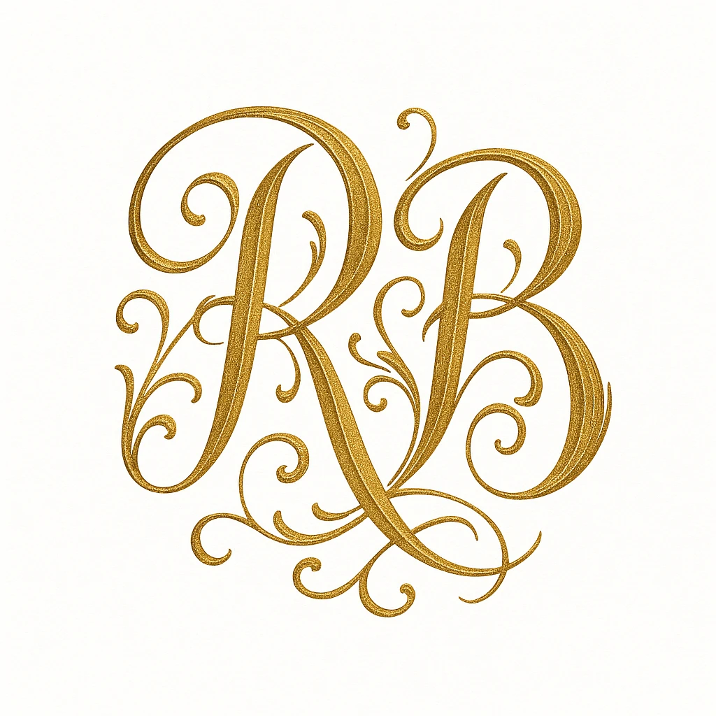 calligraphy initials RB, gold ink, ornate style, profile icon, white background emoji