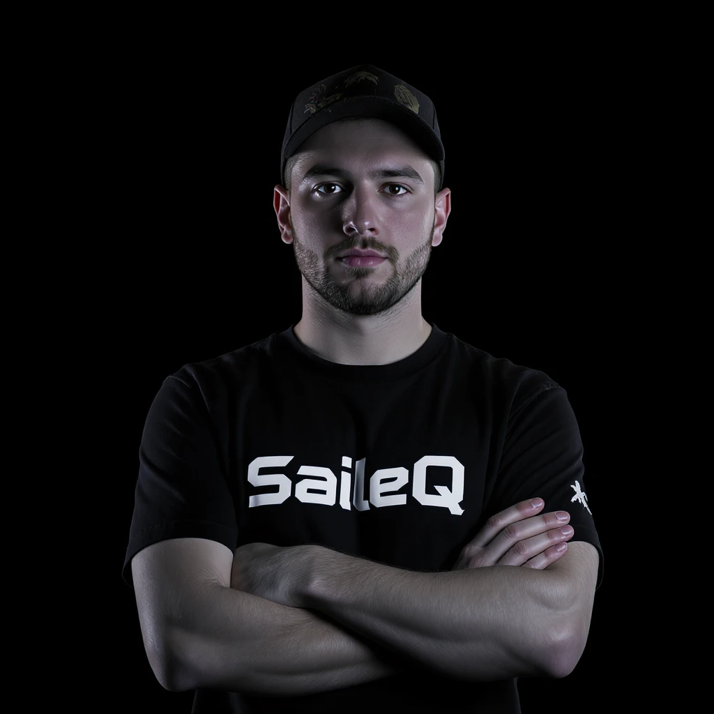 Csgo pro player profile proffesional photo, low key light back light, man standing crossed hands with tshirt with text "SaileQ" black solid background emoji