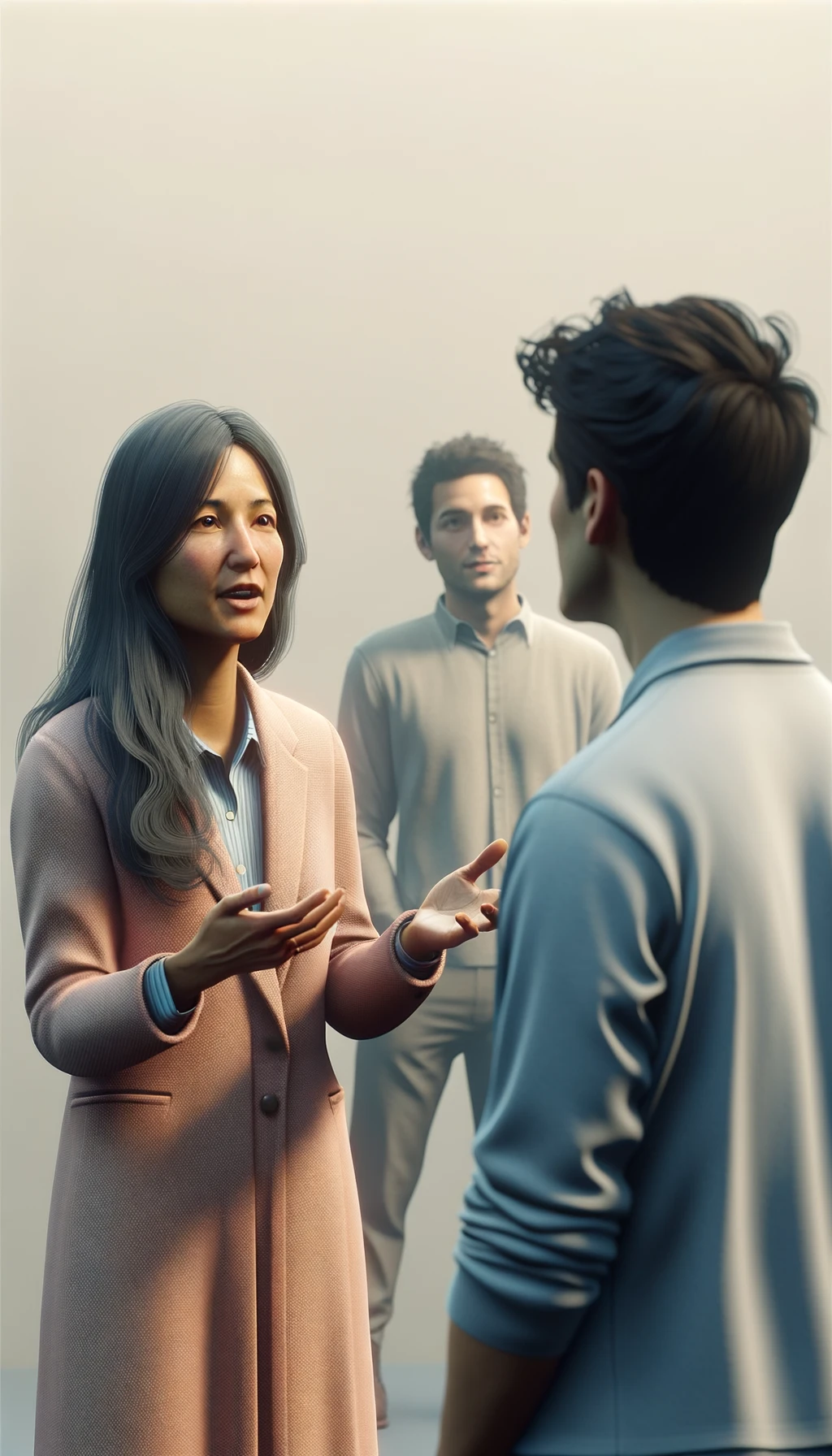 una persona parla e un altra persona di spalle lo ascolta, immagine iperrealistica 4k, sfondo chiaro emoji
