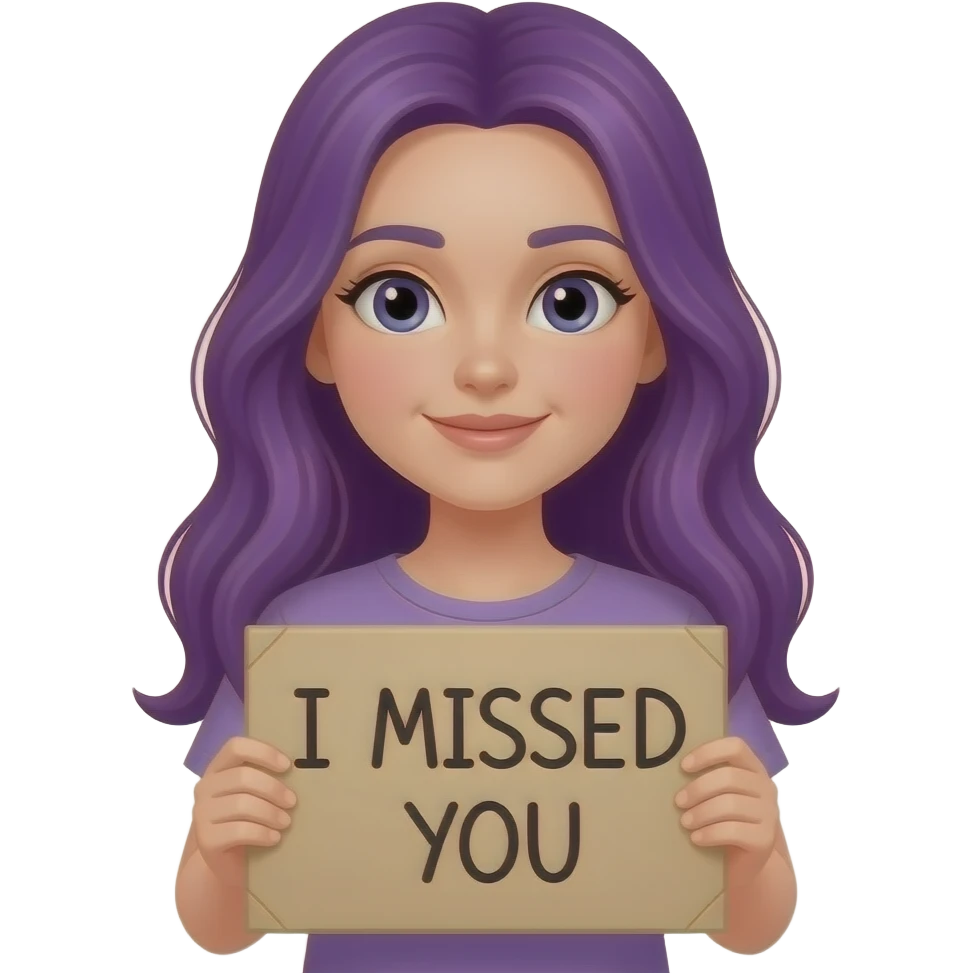 girl with long purple hair holding a I MISSED YOU sign emoji
