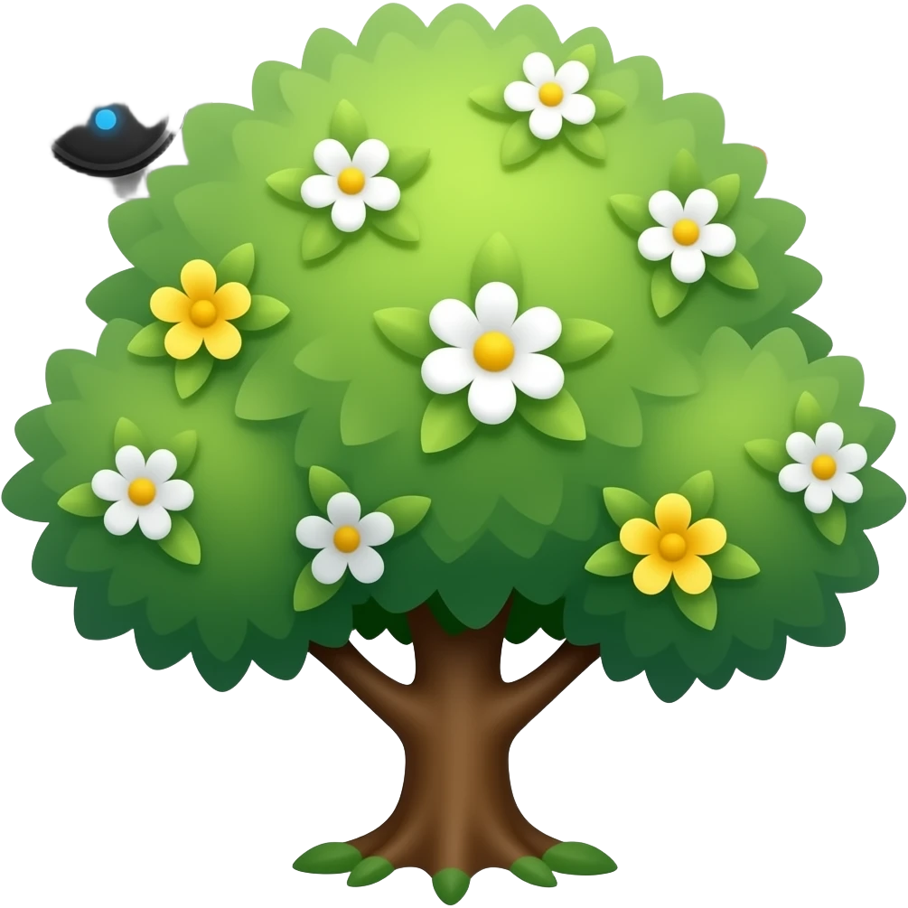 Apple-style blooming tree, round soft green canopy. No pot, no ground — only the tree. Small white and yellow flowers inside the leaves. Flat 2D vector, clean shapes, no gradients. Dark near-black background, premium fintech icon. emoji