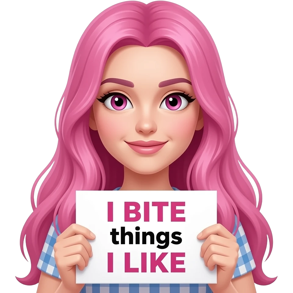 sexy girl with long pink hair and pink eyes wearing a holding a I BITE things I LIKE sign emoji