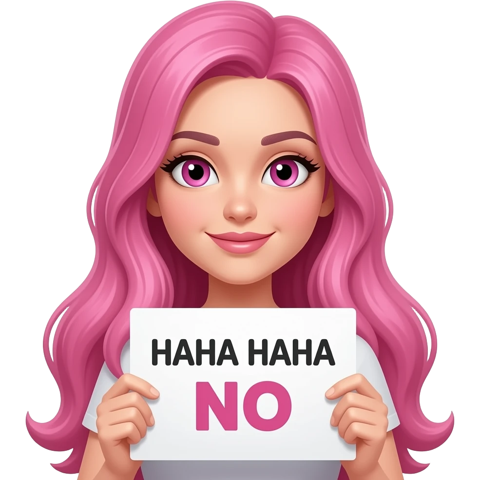 sexy girl with long pink hair and pink eyes wearing a holding a HAHA HAHA NO sign emoji