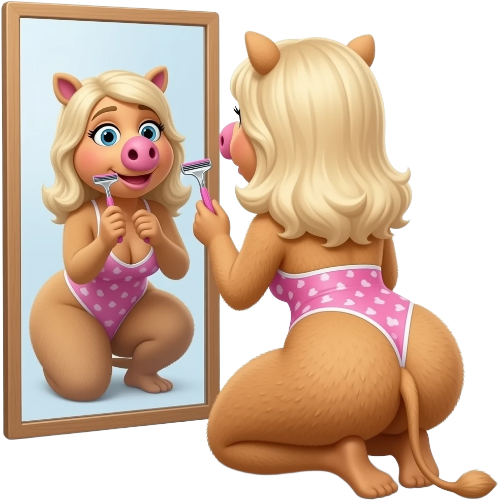 Miss piggy cartoon  camel toe  Thick voluptuous  extremely hairy booty cheeks blonde female spreading open  butt cheeks and observing looking back  hairy butthole wide open looking at it in mirror squatting with her shaving razor emoji