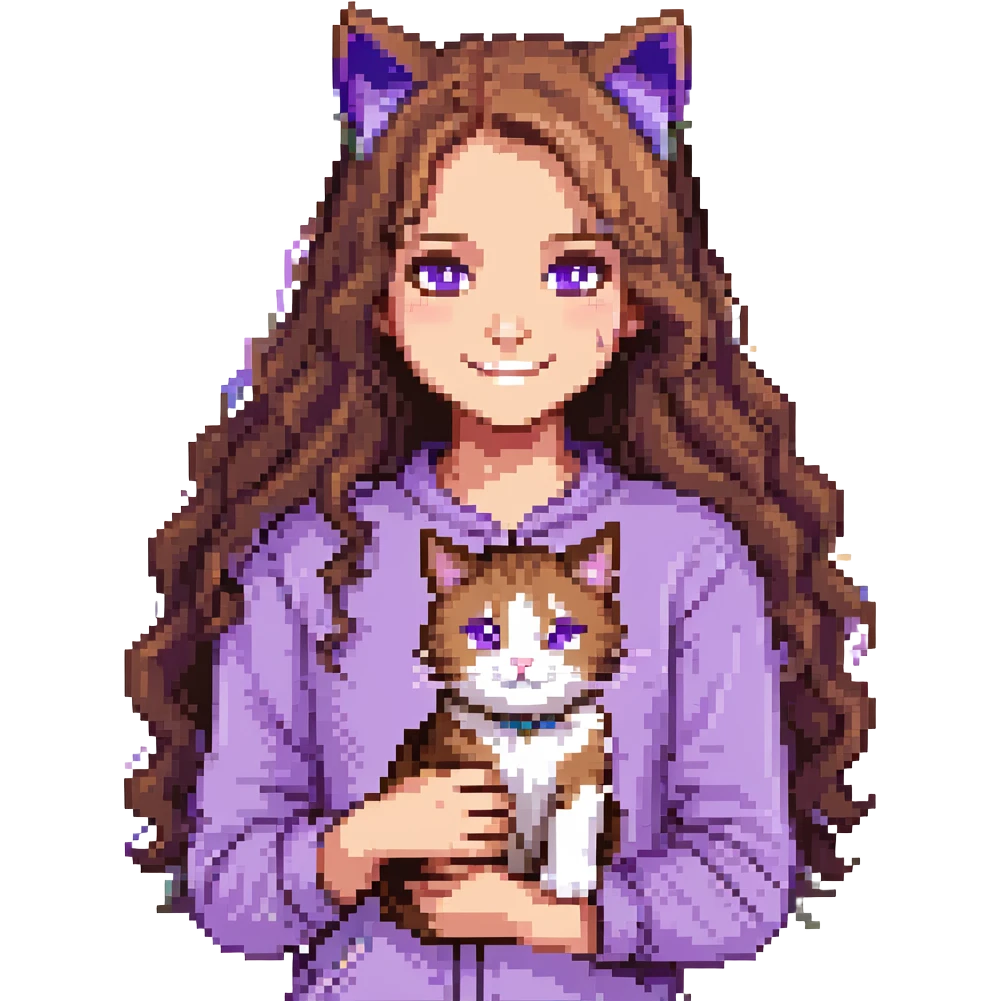 girl with long wavy brown hair and brown eyes wearing purple clothes smiling with a three-color cat beside her pixel art emoji