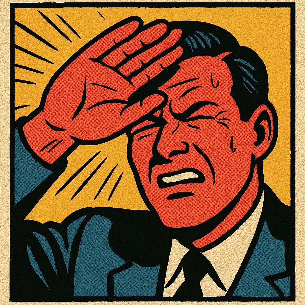 a man with a red face and squinting eyes, holding his hand to block the sun, comic style emoji