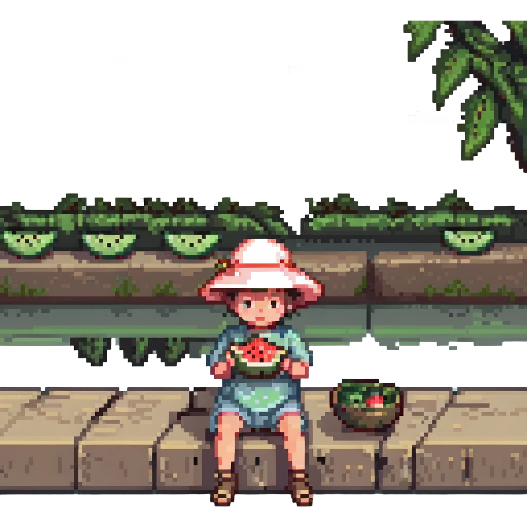 small child in a sun hat enjoying watermelon on a hot day by the riverside with sparkling water and breezy atmosphere pixel art colorful and lively emoji
