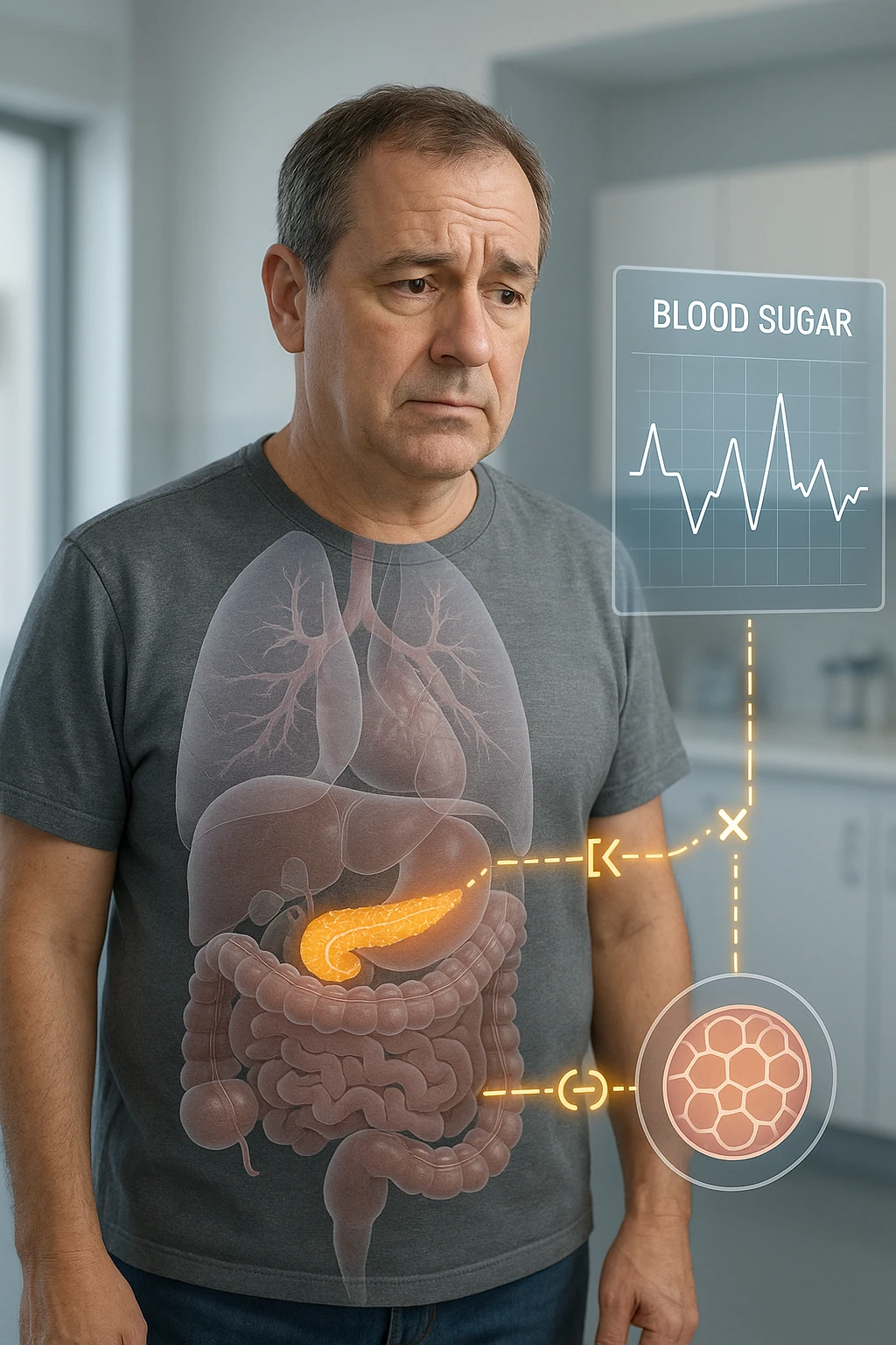 a middle-aged man stands in a clinical setting, with a semi-transparent overlay showing his internal organs. His pancreas is highlighted, and glowing lines or icons indicate disrupted insulin signaling between the pancreas and muscle or fat cells. The man’s expression is slightly concerned, and a digital chart beside him displays fluctuating blood sugar levels. The lighting is realistic, with a clean, modern medical background. in italiano emoji