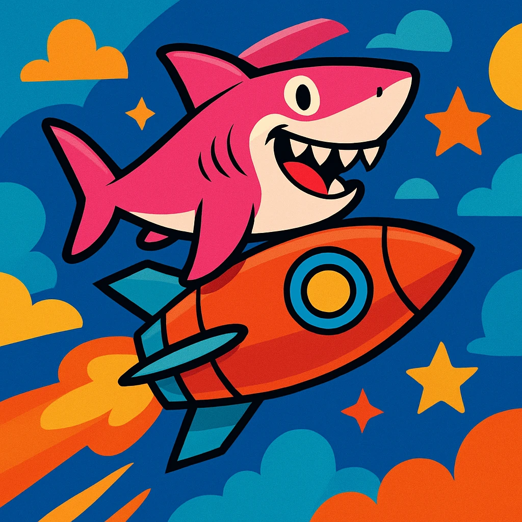 a pink shark flying on top of a rocket, vibrant and playful, cartoon style, dynamic and fun, whimsical and colorful emoji