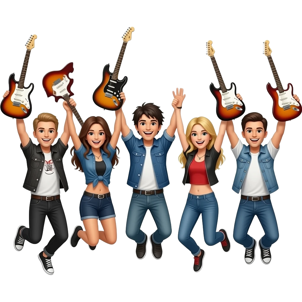 a musical group of rockers who jump with guitars in the air emoji