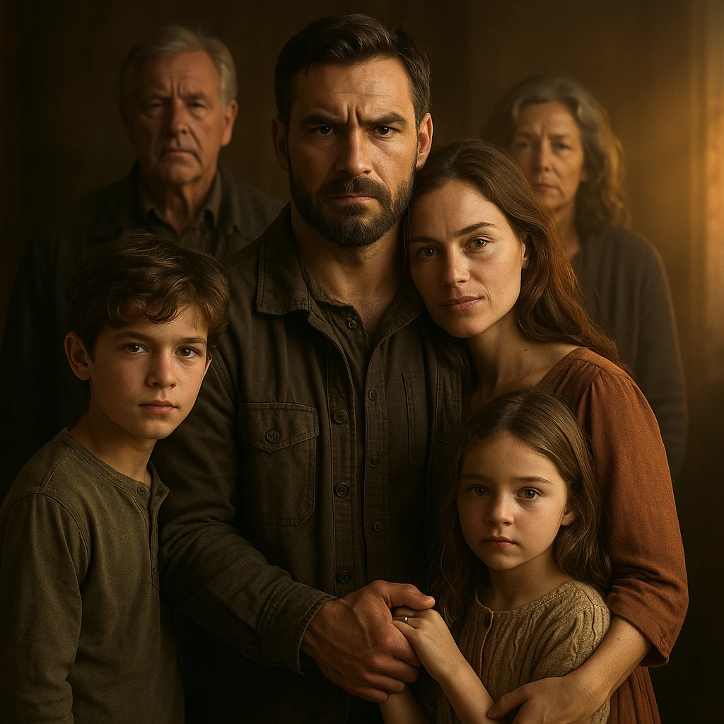 4K hyper realistic image of a masculine man with protective energy, parents behind, wife and children at his side, his hand holding his wife's, children close, dramatic warm light, cinematic style, family love and strength emoji