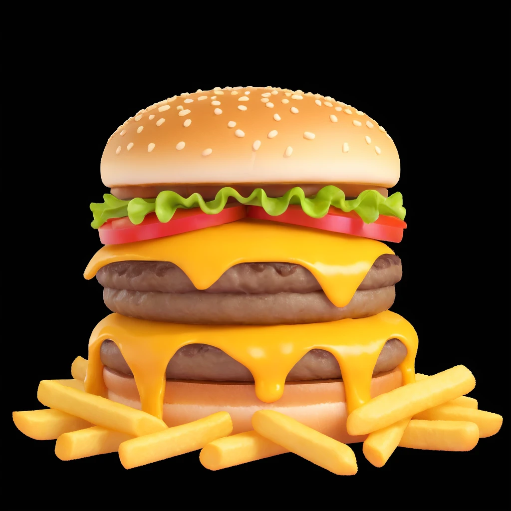 juicy triple-patty cheeseburger with melting triple cheese, crispy golden French fries on the side, hot steam rising from the food, fresh, delicious, sizzling hot, appetizing cartoon emoji style, high detail, bright colors emoji