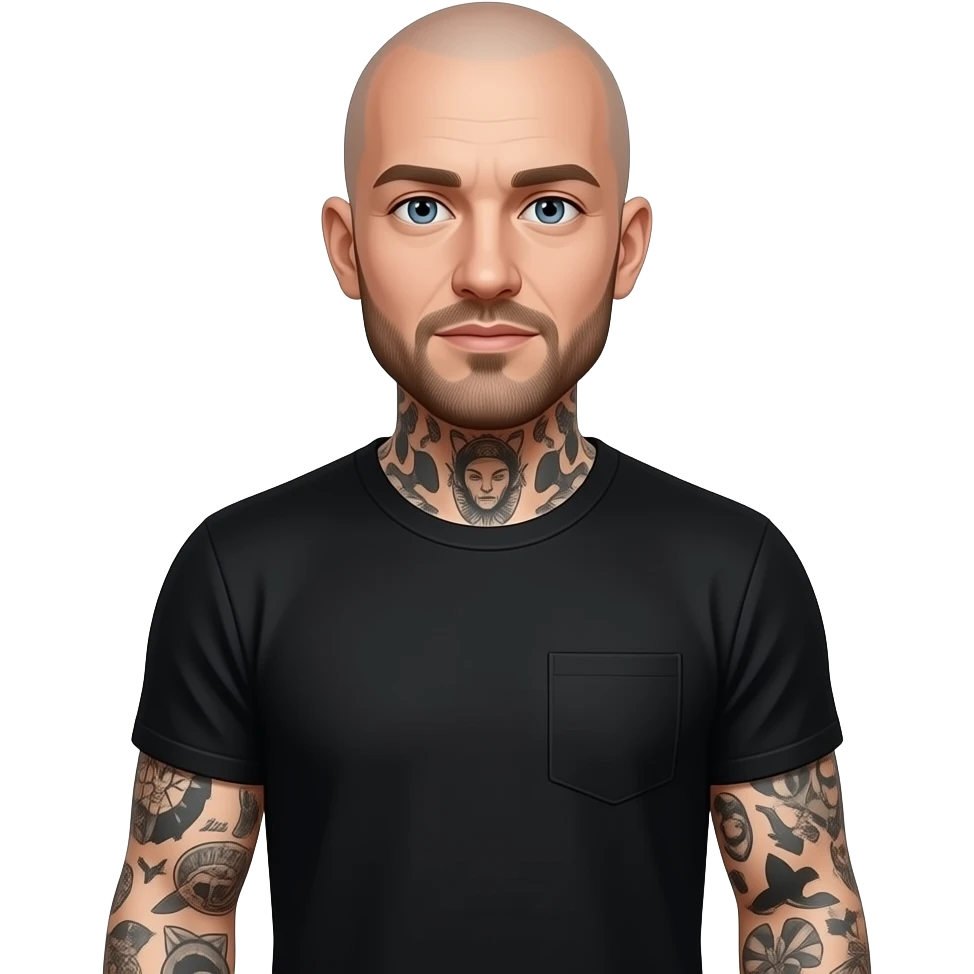 man with no hairs and black half sleeve shirt  and tatoo on his body emoji
