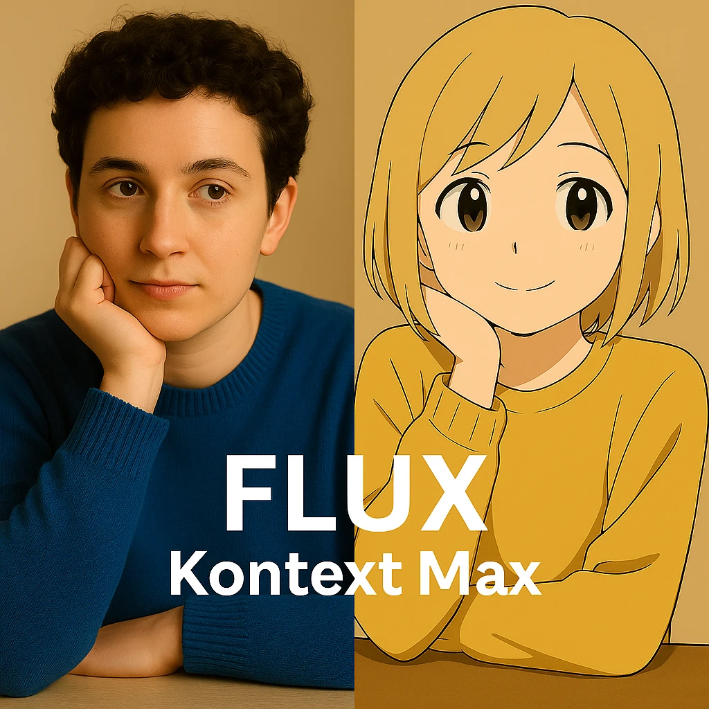 same similar image but chnage the text to "Flux Kontext Max", change people and pose too emoji